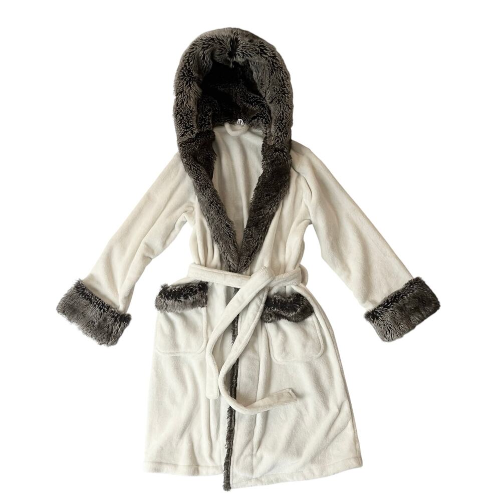 Pottery Barn Faux Fur Trim Hooded Robe One Size Fits Most